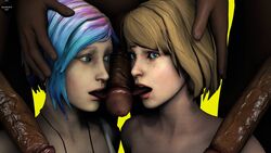 3boys 3d big_penis blonde_hair blue_eyes blue_hair chloe_price collaborative_fellatio dark-skinned_male dark_skin fellatio female hand_on_head interracial life_is_strange male max_caulfield open_mouth source_filmmaker spades34sfm straight teamwork tongue