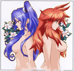 2girls amou_kanade back_to_back blue_hair color kazanari_tsubasa multiple_girls nude pose red_hair senki_zesshou_symphogear