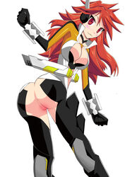 amou_kanade ass blush bodysuit breasts color female long_hair looking_at_viewer pose pussy red_eyes red_hair senki_zesshou_symphogear shaved_pussy solo