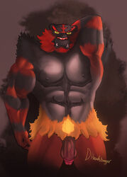 1boy abs anthro arm_up armpits big_penis big_testicles black_fur brown_background claws fangs feline flaccid fur furry green_eyes grey_fur humanoid_penis incineroar looking_at_viewer male male_only mammal multicolored_fur muscular muscular_male nintendo nipples nude orange_fur painis18 penis pokemon pokemon_sm red_fur red_penis solo standing teeth testicles text thick_thighs tiger veins veiny_penis video_games yellow_fur yellow_sclera