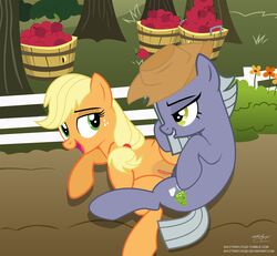 2016 apple applejack_(mlp) blonde_hair bush cowboy_hat cutie_mark duo earth_pony equine eye_contact farm female fence feral flower food freckles friendship_is_magic fruit fur grass grey_fur grey_hair hat horse limestone_pie mammal my_little_pony orange_fur outdoors plant pony pussy pussy_juice sex shutterflyeqd tree tribadism yuri