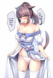 animal_ears aruma_jiki blush breasts brown_hair cleavage erect_nipples female final_fantasy final_fantasy_xiv hard_translated long_hair looking_at_viewer miqo'te panties ponytail pussy_juice solo sweat tail tears text thighhighs tied_hair translated underwear vibrator vibrator_in_thighhighs vibrator_under_panties white_hair white_panties yellow_eyes