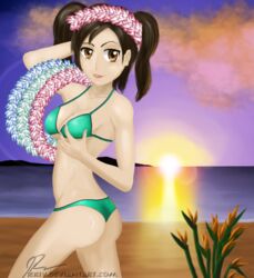 1girls ass beach bikini bikini_bottom bikini_top breasts brown_eyes brown_hair cleavage female female_only flower_crown hand_behind_head hand_on_breast jeriv lips looking_at_viewer mario_(series) mario_golf nintendo ocean plant plum_(mario) posing sunset tagme thighs turquoise_bikini twintails