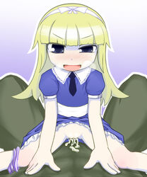 alice_(megami_tensei) atlus blonde_hair blue_dress blush clothed_female_nude_male cowgirl_position cum cum_in_pussy dark_skin dress eyebrows eyebrows_visible_through_hair female gradient gradient_background hairband heavy_breathing long_hair lying megami_tensei no_panties on_back panties panties_around_leg pov sex short_sleeves solo_focus soto_(44050) straight striped striped_panties underwear vaginal_penetration