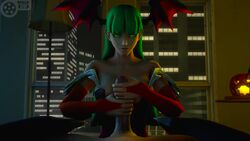 3d animated cleavage clothing darkstalkers erection female green_eyes green_hair handjob head_wings large_penis long_hair looking_at_viewer male meklab morrigan_aensland penis pov small_breasts sound source_filmmaker straight two-handed_handjob video