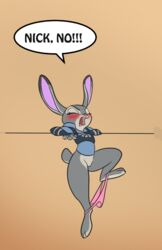 alorix anthro blush brown_background buckteeth closed_eyes clothed clothing disney english_text eyelashes female judy_hopps lagomorph mammal open_mouth panties paws pussy rabbit simple_background solo speech_bubble teeth text tongue underwear zootopia