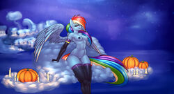 2016 absurd_res anthro anthrofied areola armpits blue_feathers blue_skin breasts candle clothing cloud elzzombie equine feathered_wings feathers female food friendship_is_magic fruit hair halloween hi_res holidays legwear looking_at_viewer mammal multicolored_hair my_little_pony navel nipples on_cloud outside pegasus pumpkin pussy rainbow_dash_(mlp) rainbow_hair sitting solo straight_hair wings