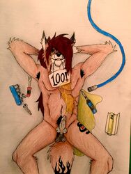 anthro armpit_hair armpits black_penis bossman1969 canine erection grin hands_behind_head knot looking_at_viewer male mammal on_floor peeing penis sign tools unprofessional_behavior urine watersports wetting