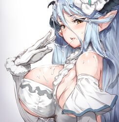 blue_hair blush breasts cum cum_on_body cum_on_breasts cum_on_hair cum_on_upper_body cum_string elbow_gloves facial female gloves granblue_fantasy horns huge_breasts izmir_(granblue_fantasy) long_hair mole mole_under_mouth neo-masterpeacer open_mouth pointy_ears simple_background solo white_background white_gloves yellow_eyes