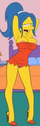 armpits blue_hair croc_(artist) high_heels marge_simpson nipple_peek purple_tong small_clothes solo tagme the_simpsons tong