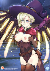 alternate_costume biting_lip blonde_hair blue_eyes blush breasts earring earrings elbow_gloves female gloves halloween mercy nipples overwatch shadowfenrir solo thighhighs witch witch_hat witch_mercy