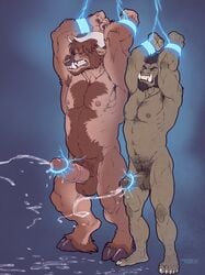 2boys anthro armpit_hair armpits arms_above_head beard big_penis bondage bovine brown_hair cattle clenched_teeth closed_eyes cuffs cum cumshot ear_piercing ejaculation electrostimulation erection facial_hair facial_piercing feet forge_(artist) front_view furry hairy hairy_testicles hooves horn huge_cock humanoid humanoid_penis male male_only malesub mammal medial_ring minotaur multiple_subs muscular muscular_male nipples nose_piercing nude orc orgasm pecs penis penis_size_difference piercing pose pubic_hair simple_background size_difference smaller_male teeth testicles text thick_penis vein veiny_penis zsisron