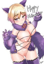 animal_ears bare_shoulders black_panties blonde_hair blush bow breasts claw_pose claws cosplay cowboy_shot cute_fang detached_collar elbow_gloves eyelashes fate/grand_order fate_(series) female fur fur_trim gloves halloween halloween_costume highres lace lace-trimmed_thighhighs large_breasts looking_at_viewer navel nekobox o-ring original palms panties pink_bow purple_eyes purple_gloves pussy revealing_clothes shielder_(fate/grand_order) shielder_(fate/grand_order)_(cosplay) short_hair simple_background smile solo stomach tail thigh_gap thighhighs underwear white_background wolf_ears wolf_tail