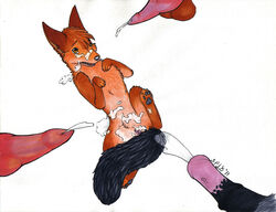 animal_genitalia animal_pussy black-backed_jackal bukkake canine cum cum_inside cum_on_fur disembodied_penis female feral fur jackal malachyte male mammal orange_eyes penis pussy red_fur riwani_(darfix) simple_background white_background