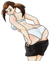 1girls ass blush bra brown_eyes brown_hair female female_only looking_back mario_(series) mario_golf milf nintendo panties plum_(mario) shorts shorts_down smile tagme thighs twintails white_background ziyoenti