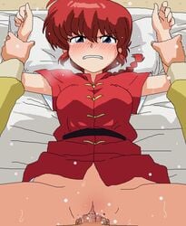 1boy bed bed_sheet blood blue_eyes blush bottomless braid canon_genderswap censored chinese_clothes female forced missionary on_back penis pillow pov pussy pussy_juice ranma-chan ranma_1/2 ranma_saotome rape red_hair restrained ryoga_hibiki sex shirt single_braid spread_legs sweat tangzhuang tearing_up tears tied_hair tomu_(tomubobu) vaginal_penetration virgin