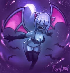 1girls anthro bare_shoulders bat bat_ears bat_wings bats black_gloves black_legwear black_underwear blue_skin bra breasts cleavage fangs female flying foxilumi gloves hair_over_eyes humanized looking_at_viewer moon night nintendo open_mouth pokemon purple_skin shiny_skin silver_hair sky smile solo text thigh_gap thighhighs tongue wings zubat