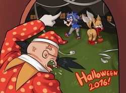 2016 3boys angry anthro anus ass backsack bald bandage blue_fur bottomless brown_fur canine clothed clothing costume doorway dr._eggman eyewear facial_hair fake_horns flaccid footwear fox fur furry gloves group halloween hat hedgehog hi_res holidays human male male_only mammal middle_finger mooning moustache multi_tail one_eye_closed open_mouth pajamas pants_down partially_clothed penis pitchfork shaking_ass shoes smile sonic_(series) sonic_the_hedgehog sparkydb sunglasses tail tails teasing testicles text toilet_paper tongue tongue_out trick_or_treat uncut white_fur wink yard yelling yellow_fur