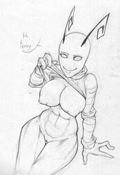 abs alien anthro autumm_airwave clothed clothing female flashing irken looking_at_viewer monochrome pussy smile solo thick_thighs