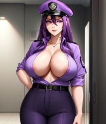 ai_generated ass big big_ass big_breasts breasts five_nights_at_freddy's purple_eyes purple_guy_(fnaf) purple_hair purple_outfit realistic rule_63 security_uniform wendy_afton wide_hips william_afton