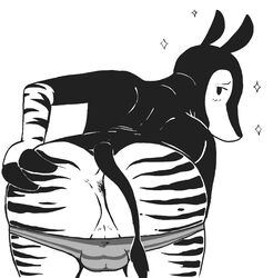 1boy anthro ass balls bulge clothed clothing crossdressing male male_only mammal monochrome okapi panties perineum solo spread_ass spreading underwear