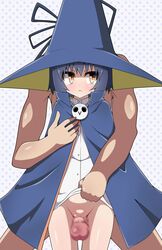 1boy blue_hair bottomless brown_eyes censored clothed_female_nude_male faceless faceless_male female hat highres hiren maji_moji_rurumo mosaic_censoring nude outercourse penis polka_dot polka_dot_background pussy robe rurumo short_hair solo_focus thigh_sex witch witch_hat