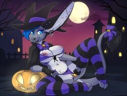 anthro breasts canine clothed clothing dragon eastern_dragon female female_only food fox fruit halloween hat holidays hybrid jack_o'_lantern magic_user mammal moon pumpkin pussy reiko_kurayami skimpy solo witch zyira