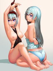 2girls aqua_panties arms_above_head arms_behind_back arms_up ass bangs barefoot between_breasts blush bondage bound breasts breasts_out butt_crack chaika_bogdan chaika_trabant clothes_between_breasts cum cum_on_body cum_on_breasts cum_on_face cum_on_hair cum_on_upper_body eyebrows facial female female_only femsub full_body hair_between_eyes hairband highres hitsugi_no_chaika human kneeling lasterk lolita_hairband long_hair long_legs looking_at_viewer looking_back medium_breasts multiple_girls multiple_subs nipples open_mouth panties purple_eyes restrained rope seiza short_hair silver_hair sitting small_breasts thick_eyebrows underwear underwear_only white_hair