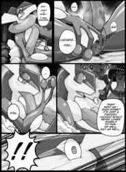 ! 2boys amphibian anal anal_fingering blush bush canine comic dialogue erection fingering forest frog furry greninja half-closed_eyes heavy_breathing kivwolf knot leaning leaning_back long_tongue lucario male male_only masturbation monochrome nintendo nude open_mouth penis pokemon pokemon_(species) saliva sigh sweat tears text tongue tongue_out tree veins veiny_penis video_games wet yaoi