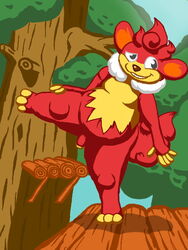 1boy anthro balancing belly canopy detailed_background flaccid forest grin lopearedquentin male male_only mammal nervous nintendo nude penis pokemon primate raised_leg simisear solo thick_thighs tree video_games