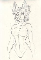 abs anthro autumm_airwave breasts featureless_breasts feline female looking_at_viewer mammal monochrome nude pussy simple_background sketch solo