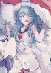 :d artist_request bed blue_eyes blue_hair breasts cum cum_in_pussy cum_on_clothes detached_sleeves disembodied_limb female full_body hair_ornament hand_on_another's_leg holding_pillow leg_lift long_hair long_sleeves looking_at_viewer lying messy_hair midriff nail_polish navel on_back open_mouth panties panties_aside pantyhose pov sailor_collar sailor_shirt saliva sex shirayuki_(zhan_jian_shao_nyu) shirt shirt_lift skirt skirt_removed smile tears toes torn_clothes torn_pantyhose underwear white_legwear white_shirt wide_sleeves zhan_jian_shao_nyu