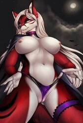 2016 ajna anthro areola big_breasts bourbon._(artist) breasts canine clothed clothing female fox fur hair hi_res long_hair looking_at_viewer mammal navel nipples pink_nipples pussy pussy_floss red_fur smile solo topless underwear vampire white_fur white_hair