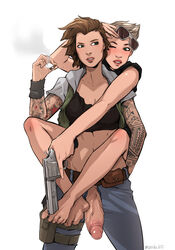 1futa 1girls acht barefoot belt breasts cleavage clothing dickgirl erection feet female firearm futa_with_female futanari handgun human intersex large_breasts legwear maxine_shaw neckwear original pale_skin penis penis_out revolver tattoo toes weapon