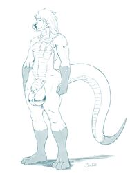 1boy 2014 anthro balls big_balls hair hi_res jin_(jindragowolf) jindragowolf long_hair male male_only monochrome nude penis reptile scalie scar simple_background sketch solo standing white_background