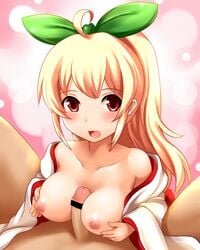 1boy :3 areolae bar_censor blonde_hair blush breasts censored clothing female hair_ornament leaf_hair_ornament long_hair long_sleeves looking_at_viewer medium_breasts nijie nijie-tan outercourse paizuri penis pointless_censoring pov straight yoshimo