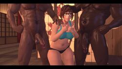 1girls 2boys 3d abs avalonsfm chubby curvy dark-skinned_male dark_skin eyewear female glasses huge_cock interracial mei_(overwatch) overwatch penis source_filmmaker thick_thighs threesome