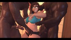 1girls 2boys 3d avalonsfm chubby curvy dark-skinned_male dark_skin eyewear female glasses huge_cock interracial mei_(overwatch) overwatch penis source_filmmaker thick_thighs threesome