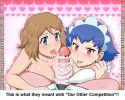 1boy 2girls amourshipping ash_ketchum blue_eyes blue_hair blush bottomless breasts brown_hair censored cleavage collaborative_fellatio erection eyelashes fellatio female food gouguru half-closed_eyes holding huge_breasts human human_only licking looking_at_viewer maid_headdress male miette_(pokemon) multiple_girls nintendo nude open_mouth penis pink_background pokemon pokemon_xy pov red_eyes satoshi_(pokemon) serena_(pokemon) shirt short_hair smile spread_legs straight sweat teamwork text threesome tongue tongue_out topless translated whipped_cream