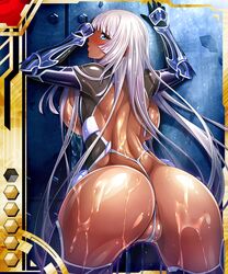 aoi_nagisa_(artist) ass back bare_shoulders blue_eyes breasts card_(medium) dark_skin female huge_ass huge_breasts large_breasts legs leotard liliana_(wagaya_no_liliana-san) lilith-soft long_hair looking_at_viewer looking_back nipples shiny shiny_skin silver_hair sweat taimanin_(series) taimanin_asagi taimanin_asagi_battle_arena taimanin_asagi_battle_arena_all_card_gallery thong_leotard very_long_hair wagaya_no_liliana-san weapon