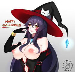 2d ahri areolae artist_name bewitching_ahri big_breasts bottomless breasts breasts_out female female_only horny large_breasts league_of_legends light-skinned_female light_skin long_hair looking_at_viewer nipples no_bra nsfw pale-skinned_female pale_skin pink_nipples purple_hair solo tofuubear watermark witch_hat yellow_eyes