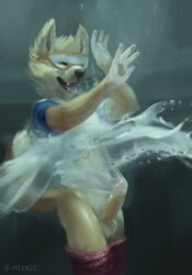 1boy 2016 abstract_background anthro athletic balls bottomless canine chunie english_text erection eyewear fur furry goggles highres humanoid_penis laugh male male_only mammal mascot open_mouth pants_down partially_retracted_foreskin penis penis_caught_in_shirt see-through shirt soccer solo sport standing teeth text tongue tongue_out uncut water wet wet_fur wet_shirt wolf zabivaka