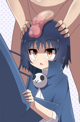 1boy blue_hair brown_eyes censored clothed_female_nude_male female hat highres hiren maji_moji_rurumo mosaic_censoring nude penis penis_on_head polka_dot polka_dot_background rurumo short_hair solo_focus witch witch_hat