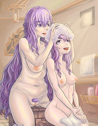 bathroom big_breasts breasts deirdre_(fire_emblem) female fire_emblem fire_emblem:_genealogy_of_the_holy_war julia_(fire_emblem) mother_and_daughter naked nipples nude nude_female open_mouth perverted_panda pubic_hair purple_eyes purple_hair pussy shower uncensored washing