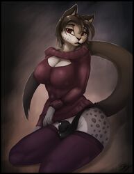 1futa 2016 anthro big_breasts black_hair black_penis breasts cleavage clothed clothing dickgirl english_text feline fur futanari grey_fur hair intersex legwear leopard long_hair mammal penis red_eyes sarki signature sitting snow_leopard solo solo_futa text thong