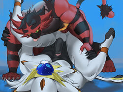 2boys abs all_fours anal_sex ass ass_up big_penis black_fur black_penis blue_background blue_eyes blue_sclera claws erection feet feline foreskin furry gay green_eyes incineroar interspecies kristakeshi leg_grab legendary_pokemon legs_up lion male male_only mammal muscular muscular_male nintendo nude on_back orange_fur paws penis pokemon pokemon_sm red_fur sex solgaleo spread_legs stripes tail testicles toes veiny veiny_penis video_games whiskers white_fur yellow_fur yellow_sclera