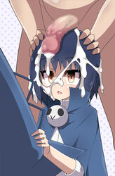 1boy blue_hair brown_eyes censored clothed_female_nude_male cum cum_on_hair facial female hat highres hiren maji_moji_rurumo mosaic_censoring nude penis penis_on_head polka_dot polka_dot_background rurumo short_hair solo_focus witch witch_hat