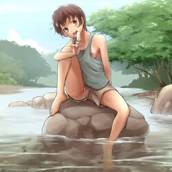 androgynous barefoot breasts brown_eyes brown_hair female grey_shirt highres jpeg_artifacts licking looking_at_viewer nature nipple_slip nipples no_bra no_panties ogry_ching open_mouth original outdoors popsicle pubic_hair pussy reverse_trap river rock shirt short_hair shorts shorts_aside sideboob sitting solo sweat tan tank_top tanline tomboy tongue tongue_out tree uncensored very_short_hair