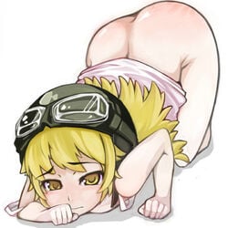 ass bakemonogatari blonde_hair butt_crack eyebrows_visible_through_hair female goggles goggles_on_head helmet long_hair monogatari_(series) oshino_shinobu red_ass solo spanked top-down_bottom-up white_background yellow_eyes