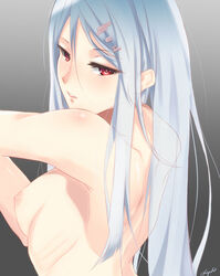 breasts female highres kisaragi_chiyuki long_hair looking_back red_eyes solo stretch topless white_hair